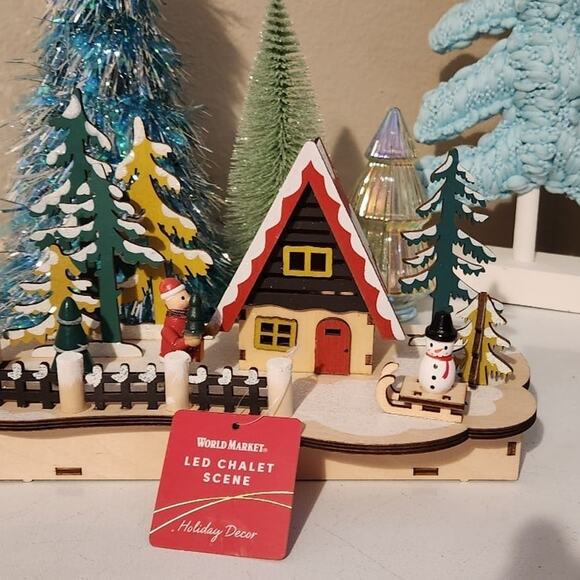 Wooden nwt LED Chalet scene winter Christmas display with snowman trees & person - Picture 10 of 12